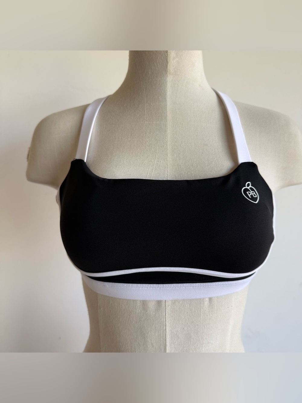 PB logo Black & White Square-Neck Sports Bra small strappy padded lined